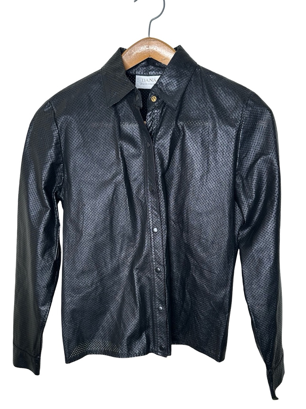 Vintage Dana Buchanan Perforated Black Leather Snap Front Top Size 4 Long Sleeve